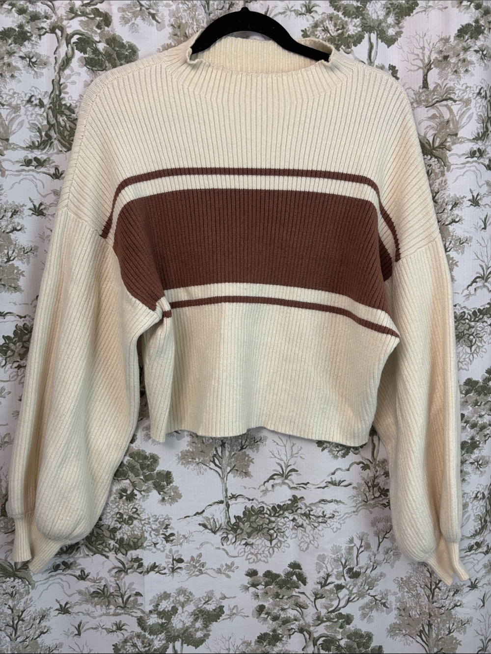 Gilli Cream and Brown Striped Ribbed Crewneck Sweater